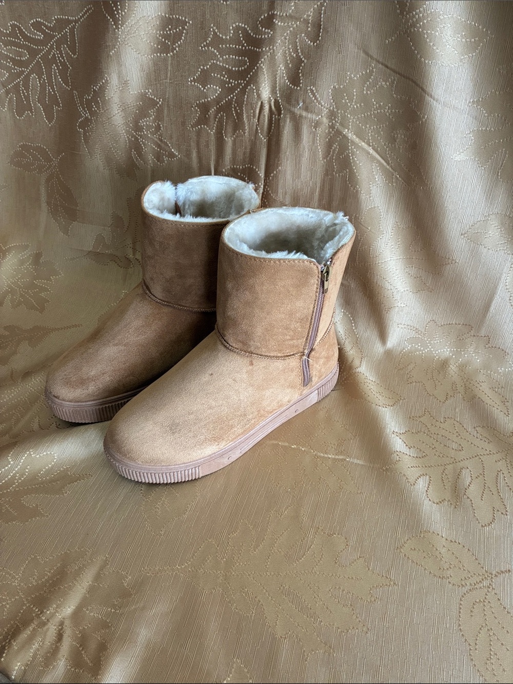 BAMBOO Tan Faux-Suede Shearling-Lined Winter Zip Boots